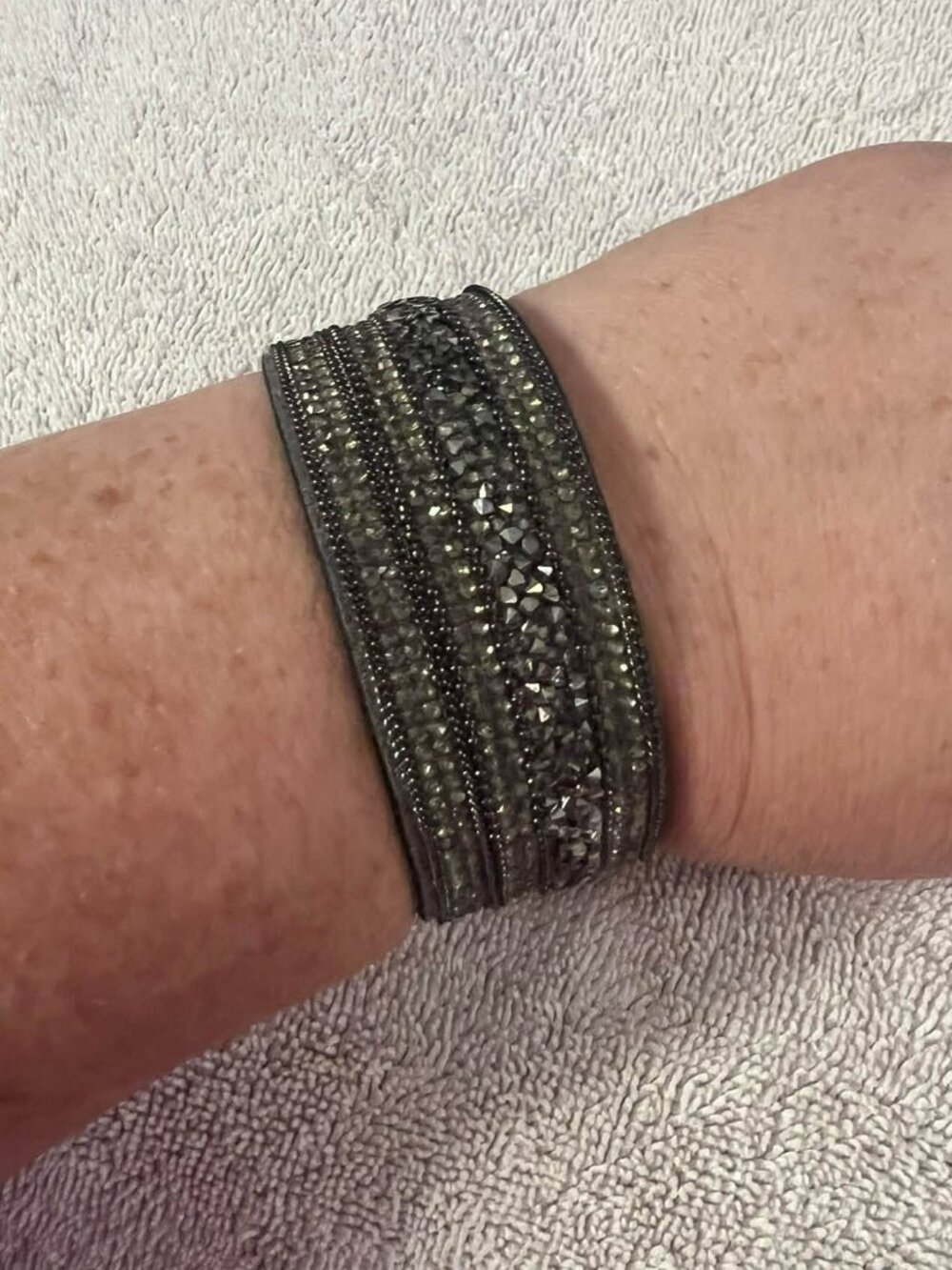 Gray and Rhinestone Leather Cuff